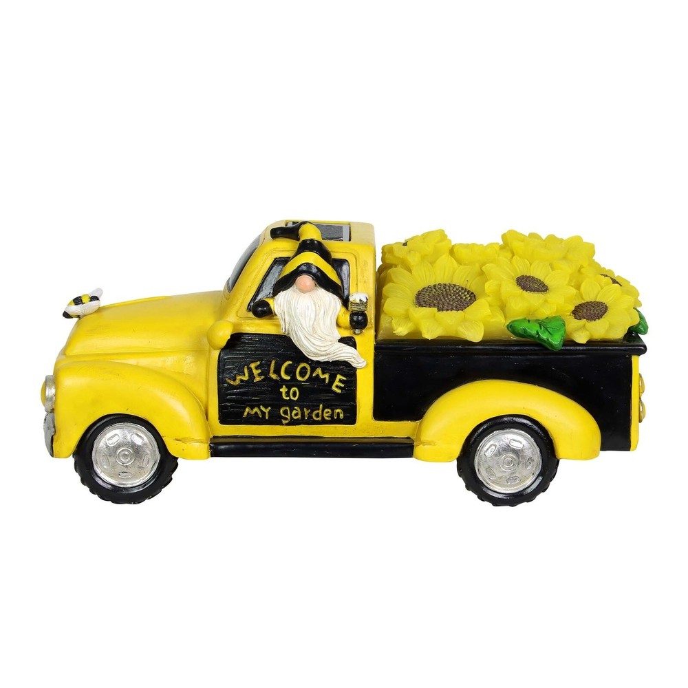 Solar-Powered Beekeeper Gnome Statue with Sunflower Truck 11 Inch