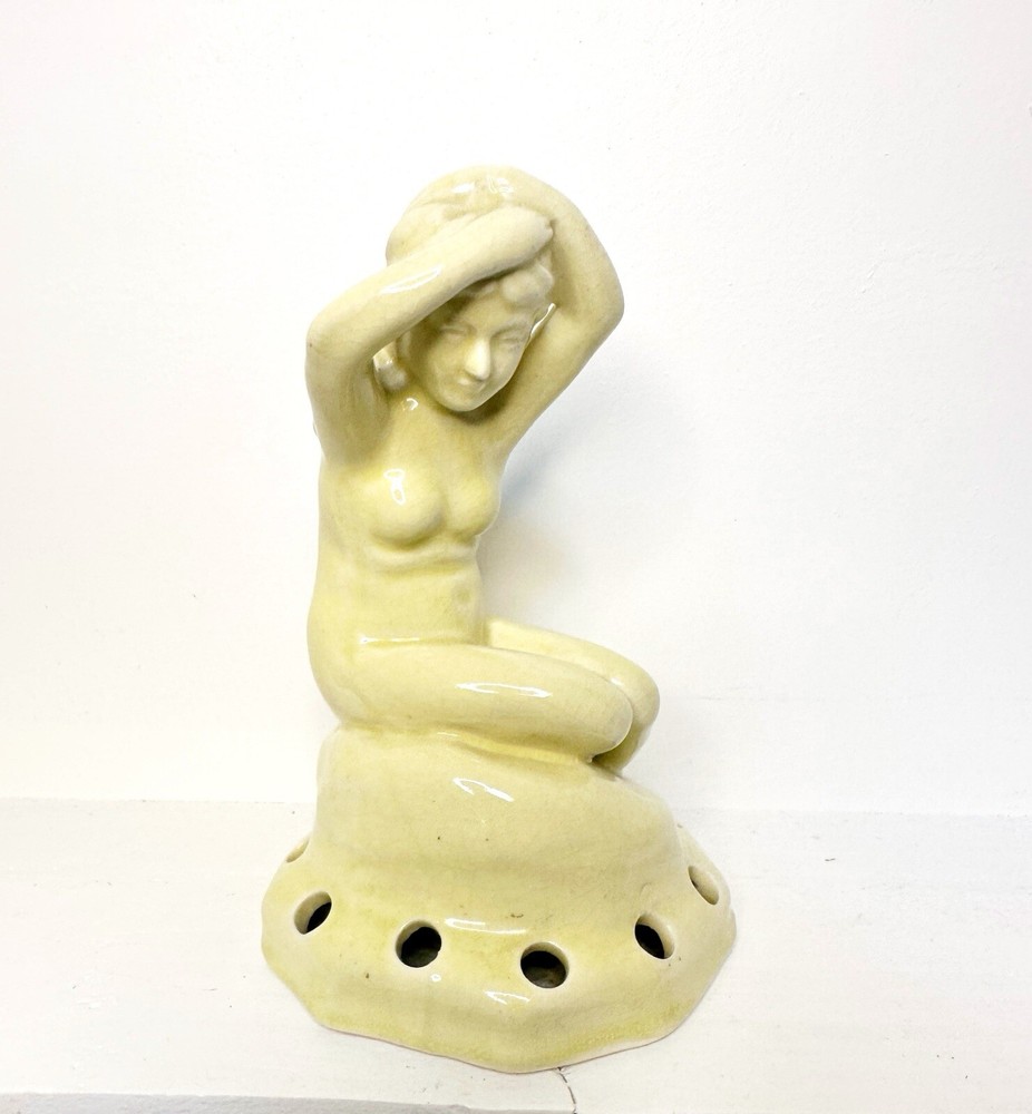 Antique Art Deco Nude Lady Flower Frog Yanko Ware Japan Porcelain Ceramic Yellow