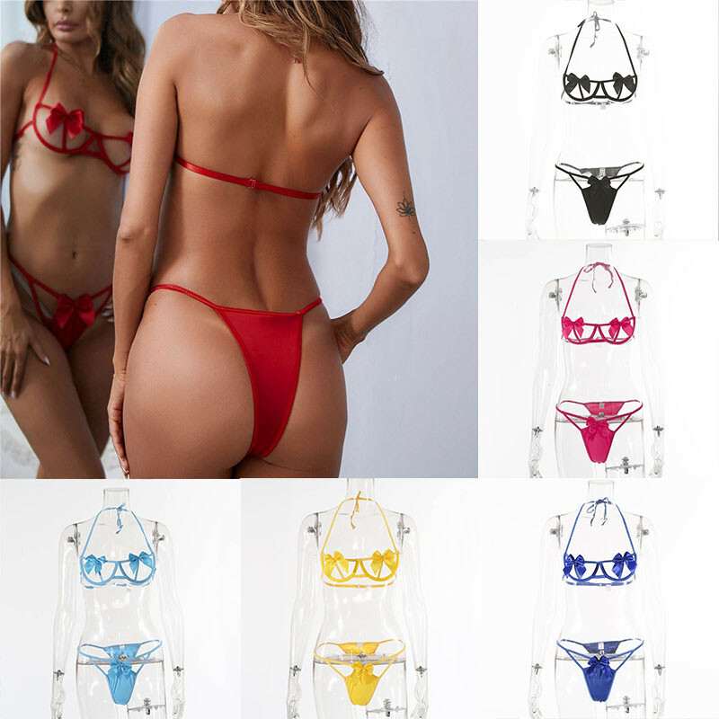 Sexy Fashion Bowknot Bandage Hollow Female Sexy Lingerie Two-piece Set