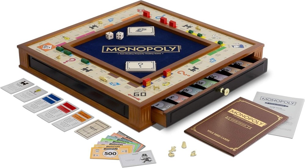 Elegant 2-Tone Wood Monopoly Game for 2-6 Players - Complete Collector's Edition