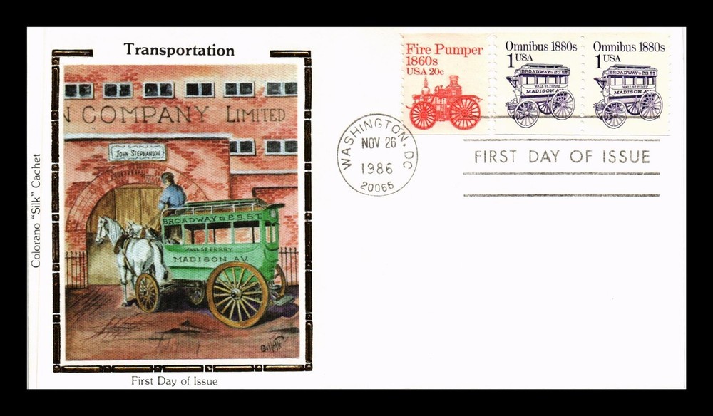 DR JIM STAMPS US OMNIBUS TRANSPORTATION SERIES FDC COLORANO SILK CACHET