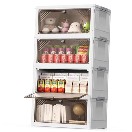 4 Tier Plastic Storage Bins with Drawers - Foldable Stackable 24QT 4 Pack