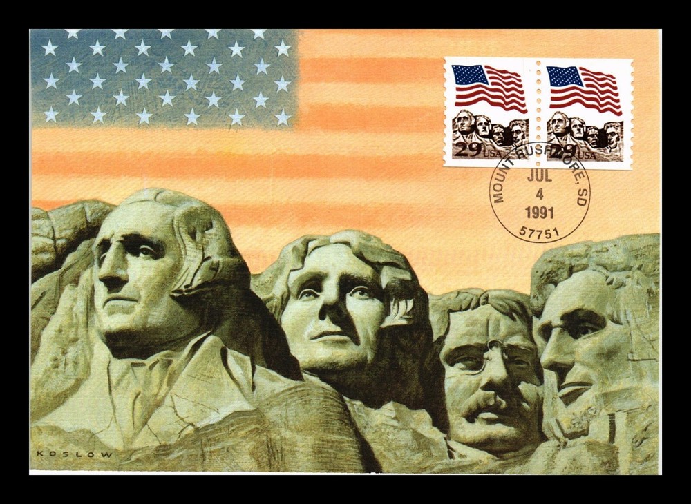 DR JIM STAMPS US MAXIMUM CARD COIL PAIR FLAG OVER MOUNT RUSHMORE FIRST DAY