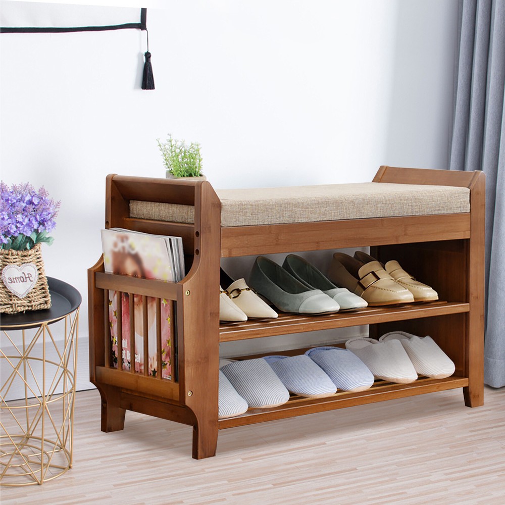 2-Tier Bamboo Shoe Rack Bench with Cushion - Entryway Storage Organizer