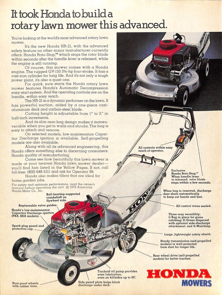 1979 Honda HR-21 Vintage Lawn Mower Print Ad Retro Advertisement