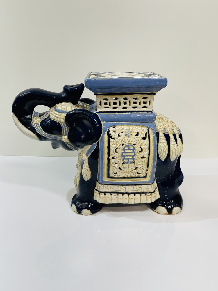 Vtg Blue Glaze Ceramic Elephant Chinese Garden Stool Pedestal table Trunk Up 📝