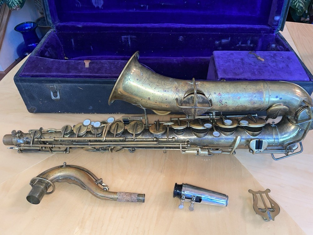 Vintage 1924 Buescher True Tone Low Saxophone 152315 Elkhart Ind Rare Mouthpiece