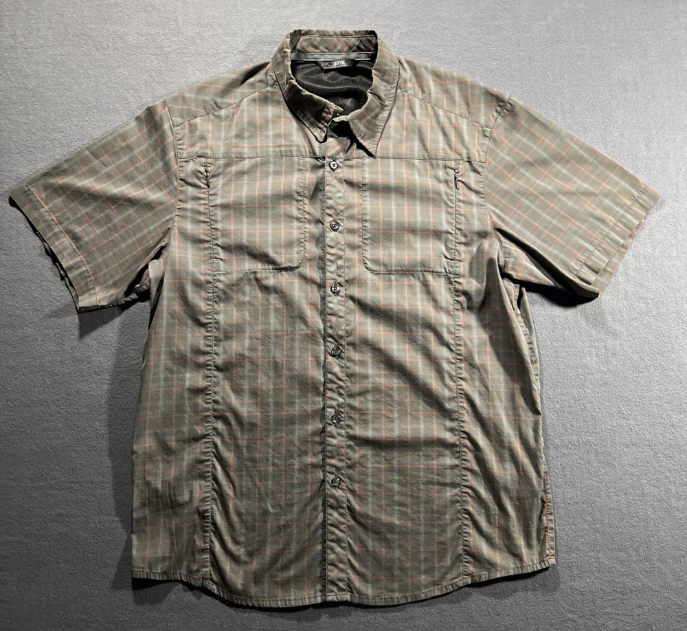 Arcteryx Brohm Mens Large Brown Red Plaid Hiking Button-Down Short Sleeve Shirt