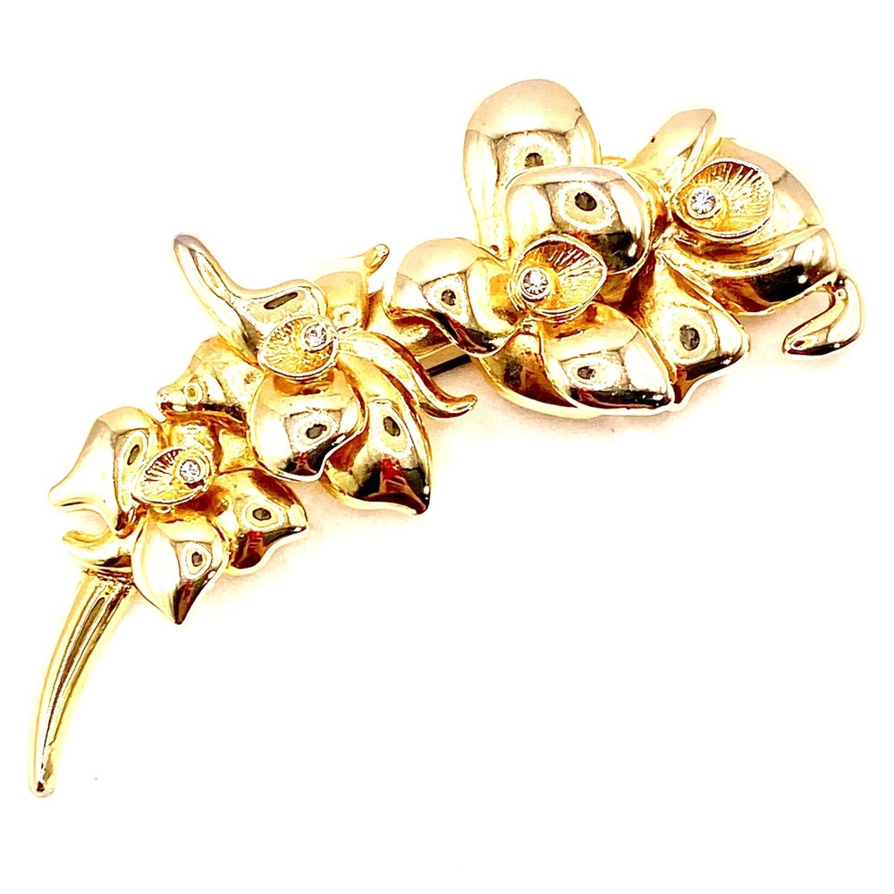 Vintage Estate Goldtone 3D Brooch Flowers Lilies Crystals Heavy Long Statement Q