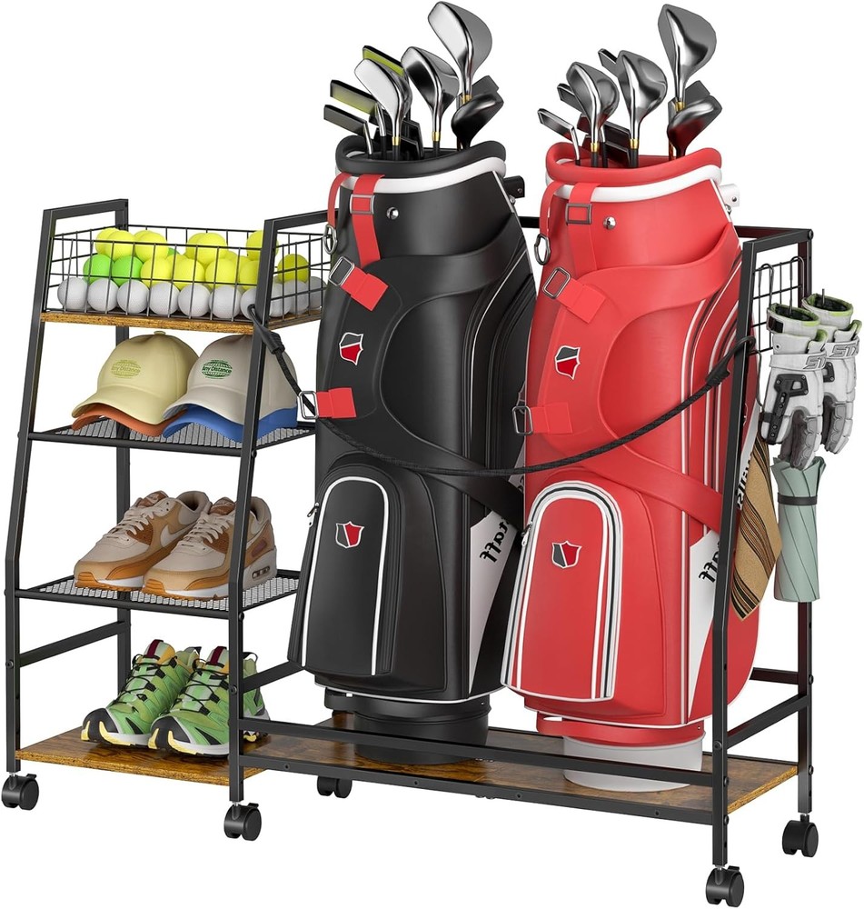 Garage Golf Bag Organizer with Wheels for 2 Golf Bags