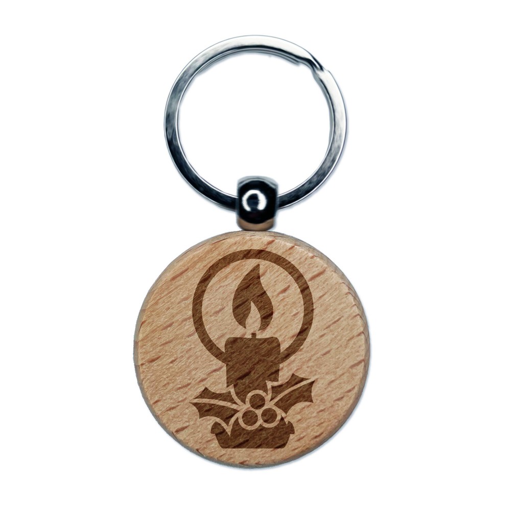 Christmas Candle Engraved Wood Round Keychain Tag Charm