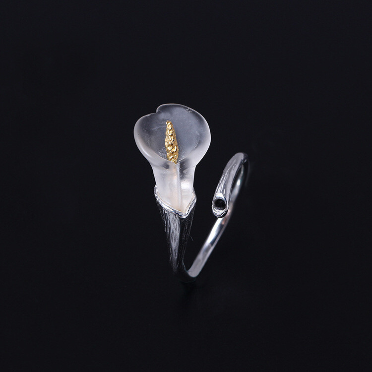 Stunning 925 Sterling Silver Natural Crystal Calla Lily Open Ring Resizable·