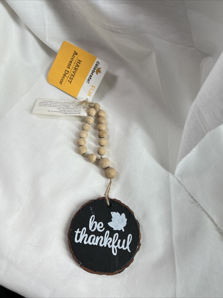 Be Thankful Fall Wood Bead Garland Tier Tray Farmhouse Autumn Leaf Decor