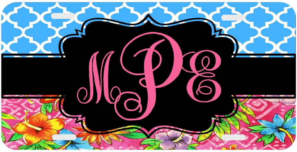Floral Pink Turquoise Monogrammed License Plate for Cars-image