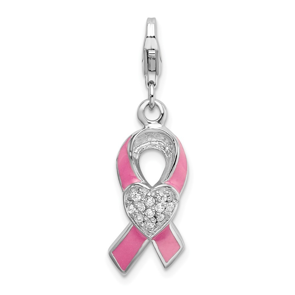 Sterling Silver 3-D Enameled Cubic Zirconia Awareness Ribbon and Heart Pendant