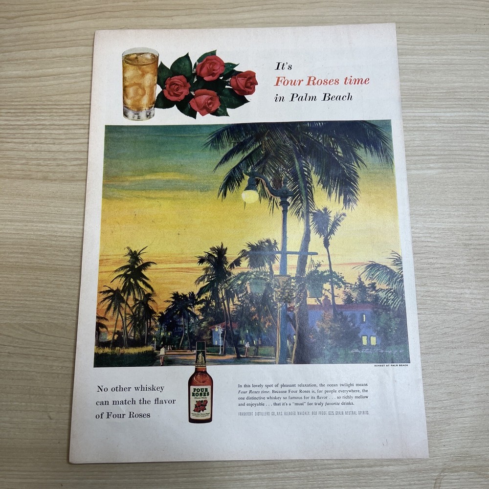 Four Roses Blended Whiskey Palm Beach 1955 Vintage Print Ad Life Magazine