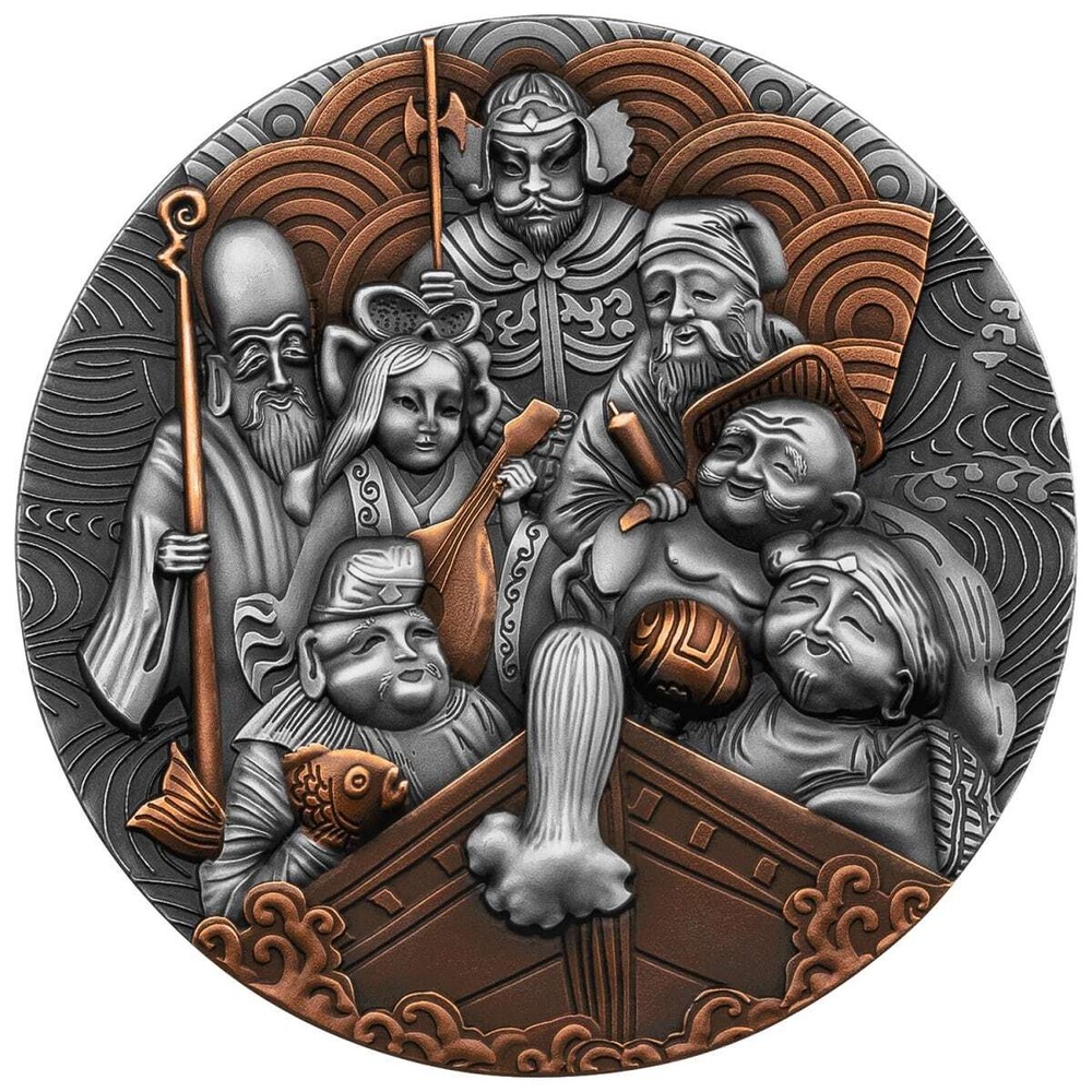 2022 Cameroon Seven Lucky Gods 2 oz Silver Antiqued High Relief Coin