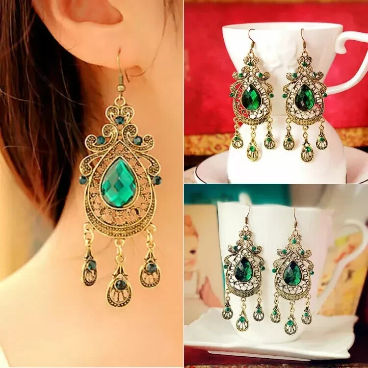 Vintage Water Drop Dangle Green Crystal Retro Palace Style Long Drop Earrings