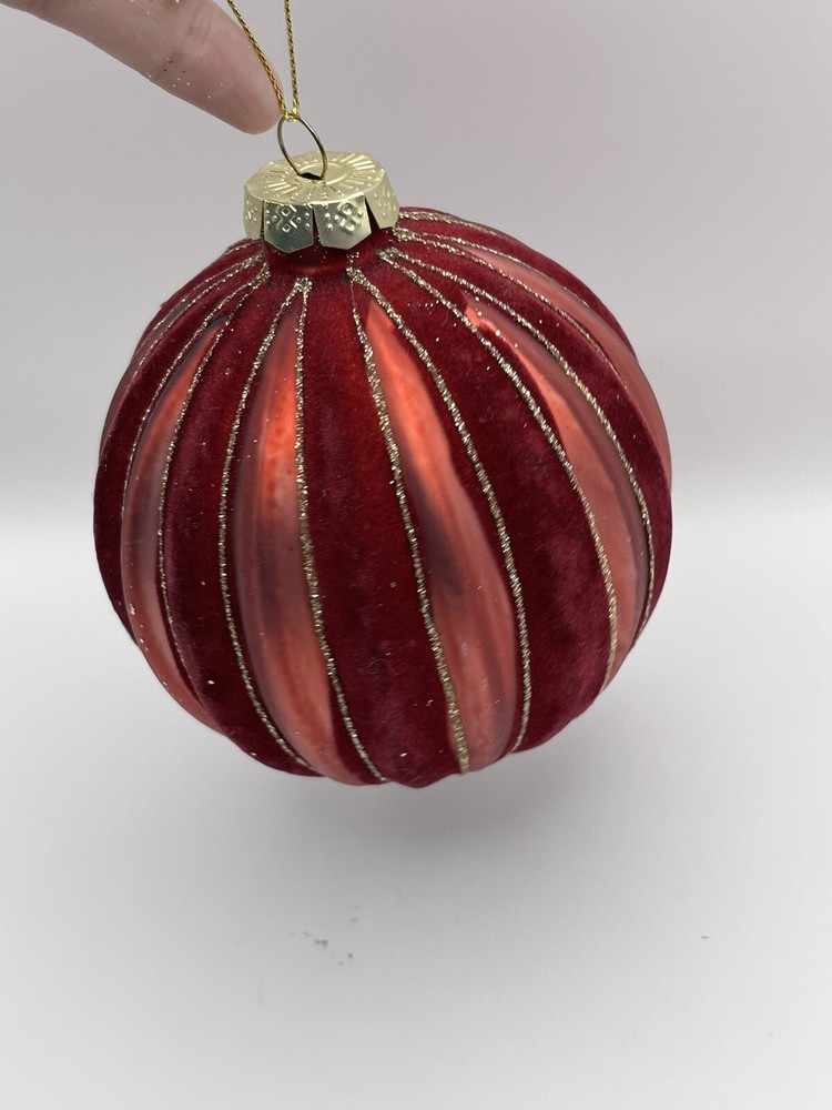 Maroon Pink Velvet Blown Glass Christmas Ornament 11.5 Inch Round Set of 3