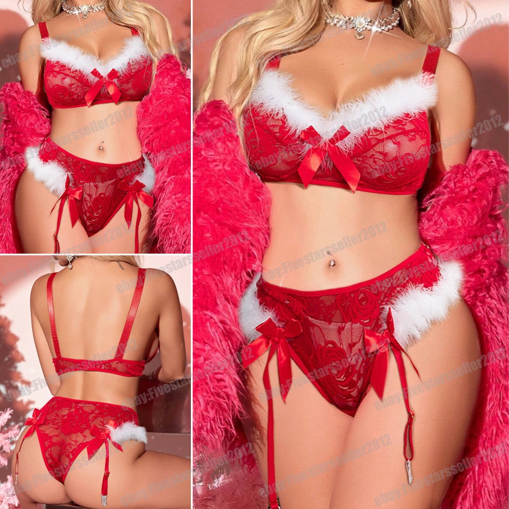 Women's Sexy Santa Christmas Lingerie Set with Garter Belts Lace Teddy Babydoll