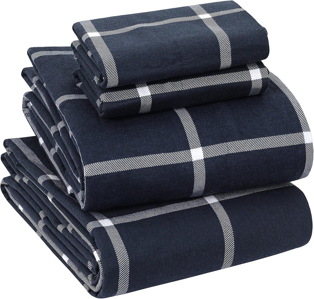 Heavyweight Navy Check Cotton Flannel Sheets - King Size with 16