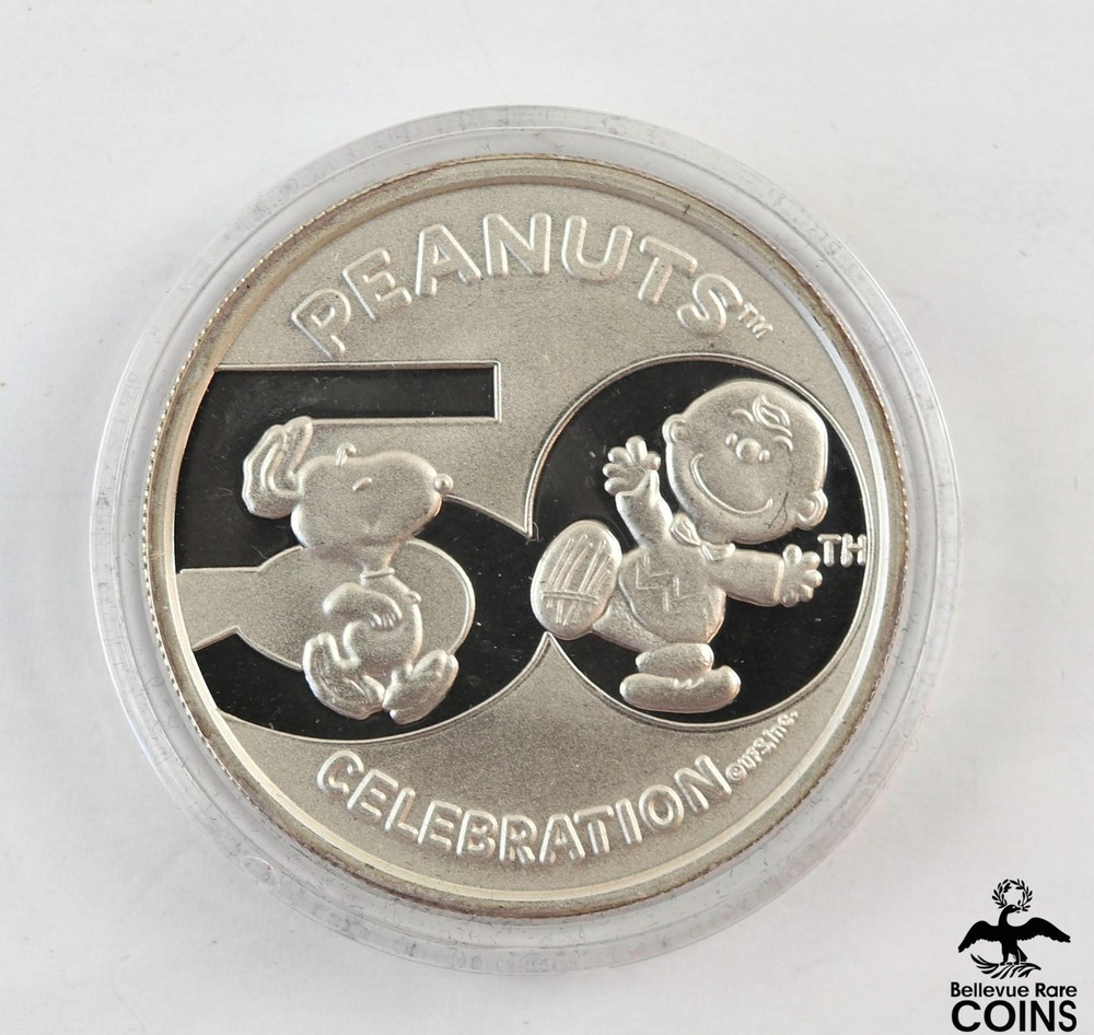 Snoopy & Charlie Brown Peanuts 50th Celebration .999 Fine Silver 1oz Round w/Box
