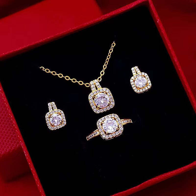 Gold Zircon Gem Pendant Choker Necklace Set for Women
