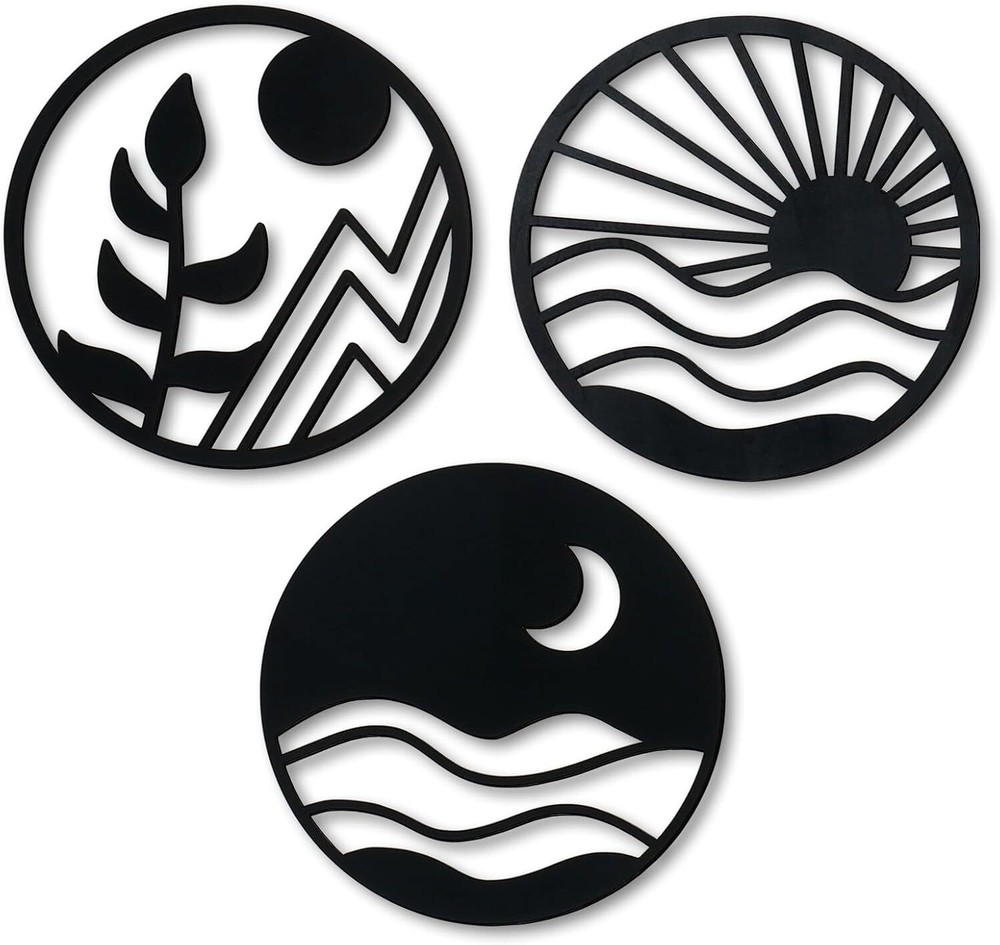 Boho Wall Art Set 3PCS Vintage Wooden Hollow Farmhouse Decor Black