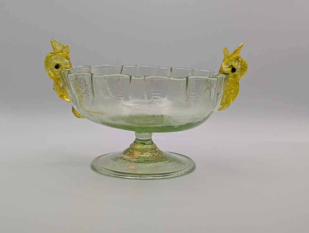 Salviati Venetian Art Glass Dolphin Murano Compote Ruffle Bowl Gold Yellow