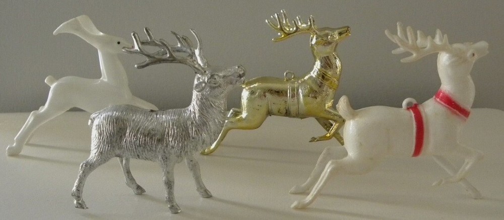 4 Vintage Santa Claus Christmas, All Different Plastic Reindeer Figurines