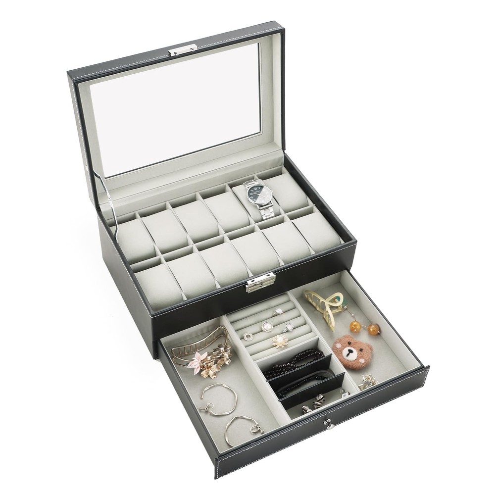 12-Slot Lockable PU Leather Watch Box with Jewelry Drawer Organizer