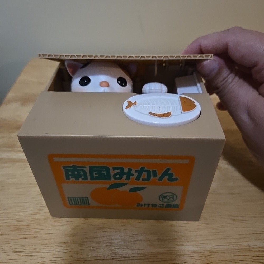 Automated Cat Paw Stealing Coins Orange Crate Box Coin Bank Piggy Bank Tested-image