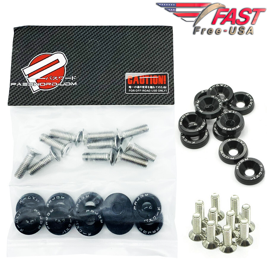 Password JDM BLACK ALUMINUM Fender Washers 10 PC Bumper Bolt Engine Dress Up Kit-image