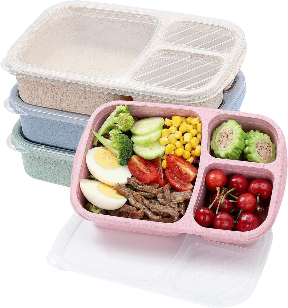 4-Pack Bento Lunch Box Set with 3 Compartments - Wheat Straw Meal Prep Containers