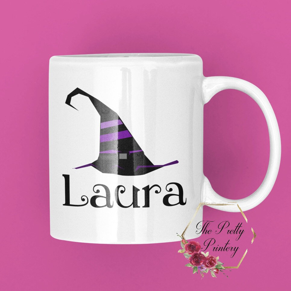 Personalised Witch Mug Black Purple Pointy Hat