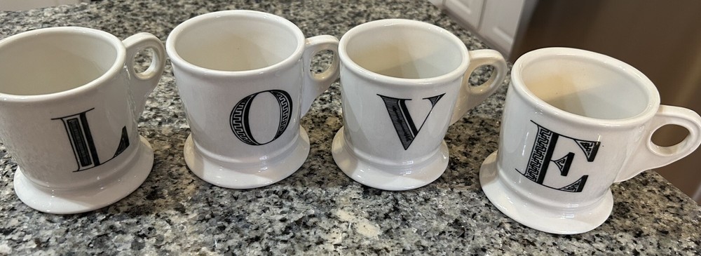 Set Of 4 ANTHROPOLOGIE Monogram Mugs LOVE Stoneware, Valentines Day