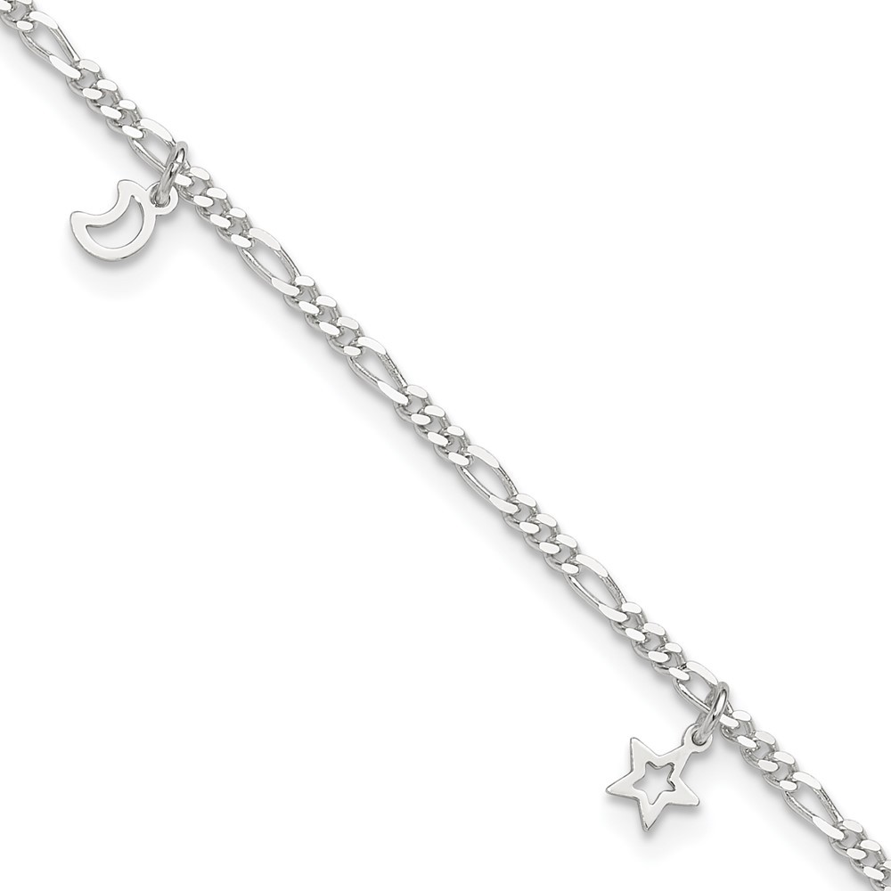 925 Sterling Silver Polished Star and Moon Anklet 9