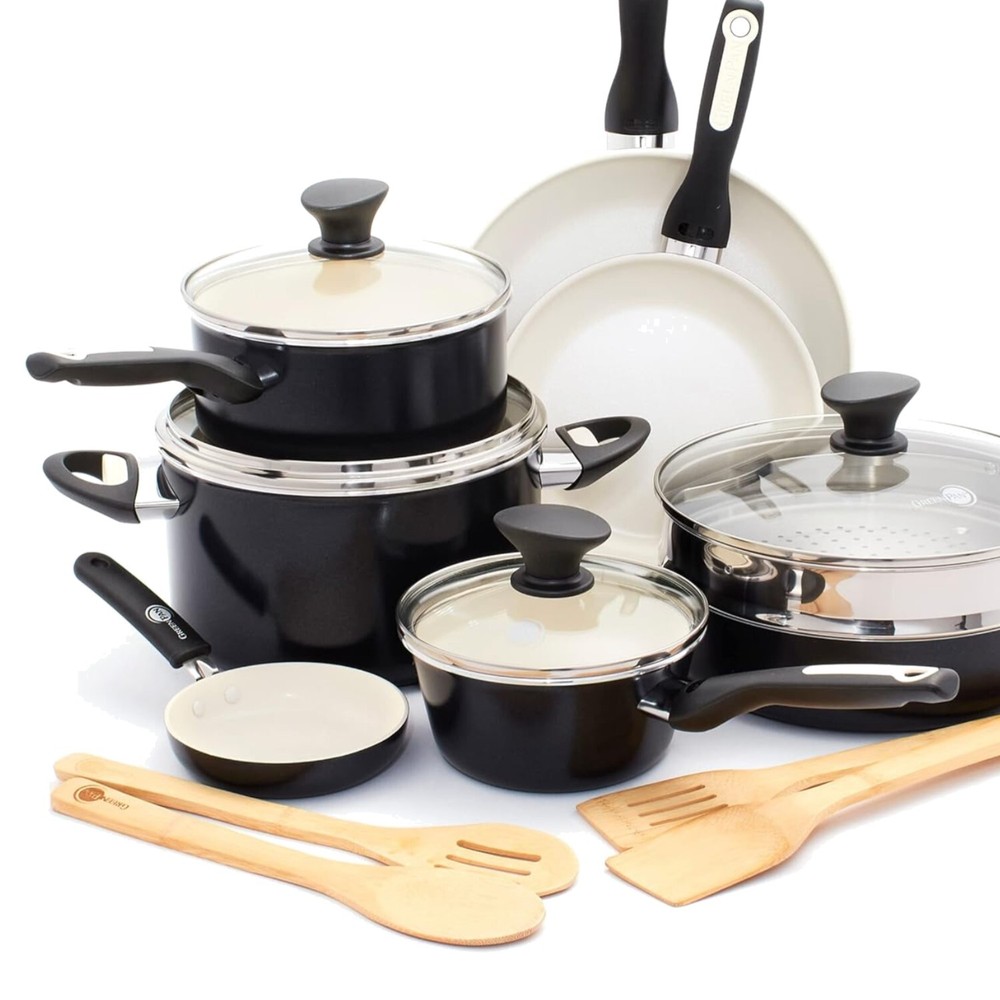 Durable 16-Piece Nonstick Cookware Set Oven Safe with Bamboo Utensils