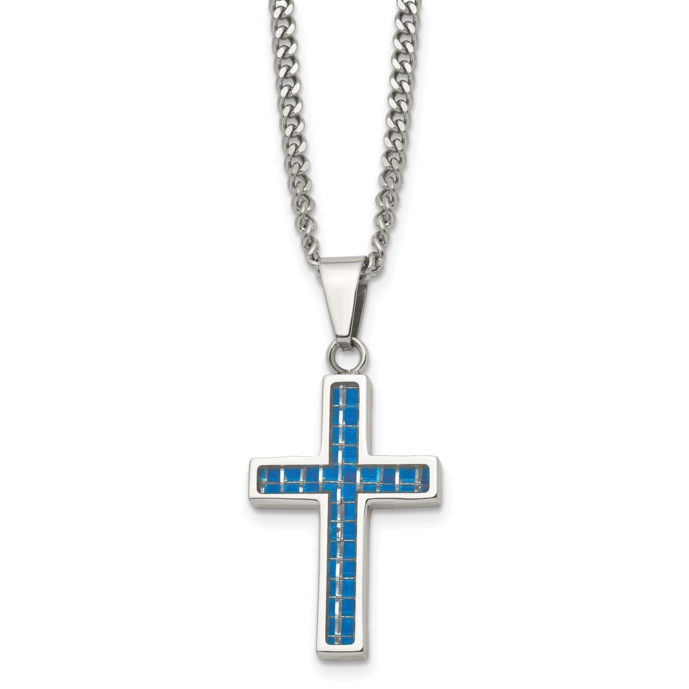 Stainless Steel Blue Carbon Fiber Cross Pendant Necklace 20 Inch 11.48g