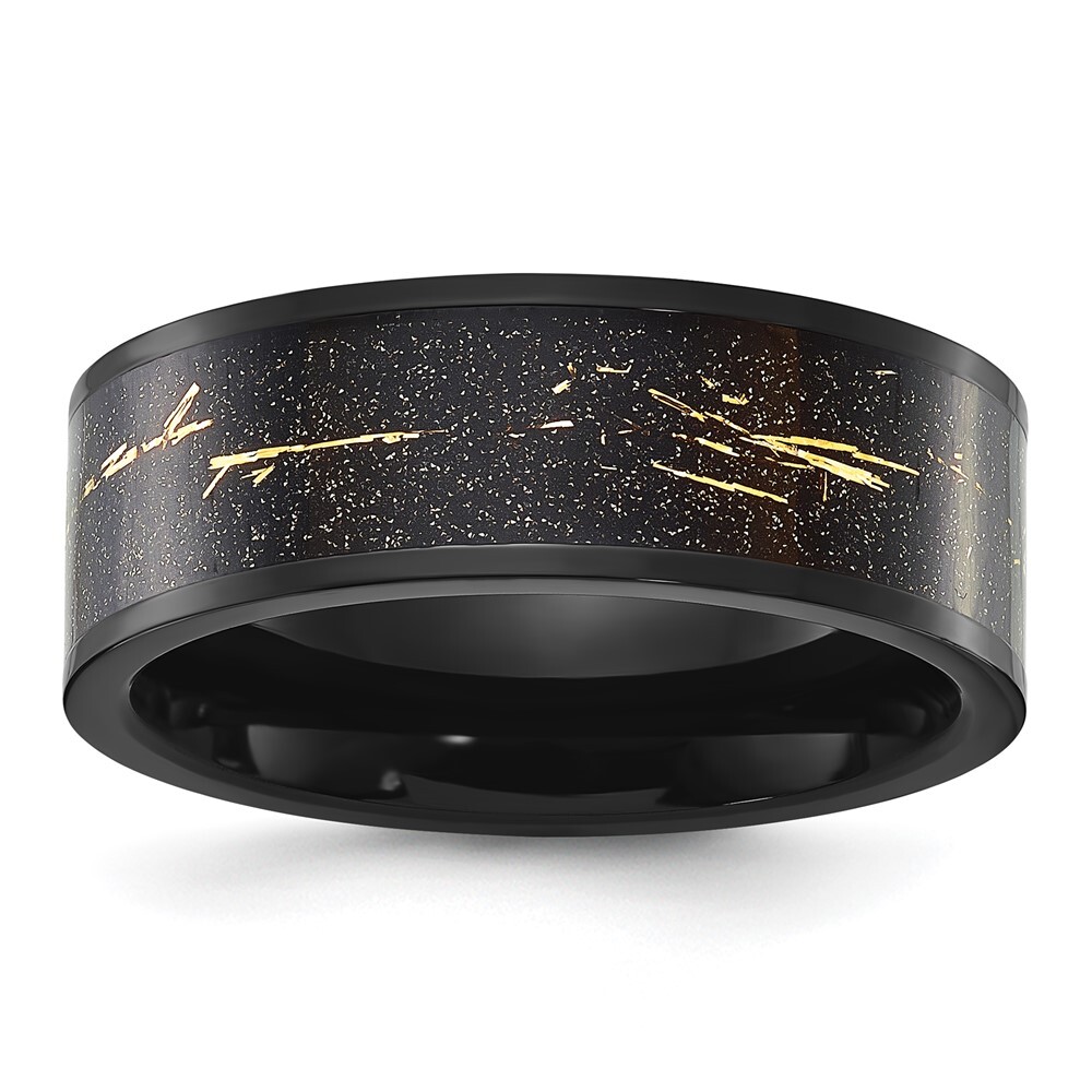 Titanium  Black IP-plated with Black and Gold Foil Inlay 8mm Band Ring Size 11