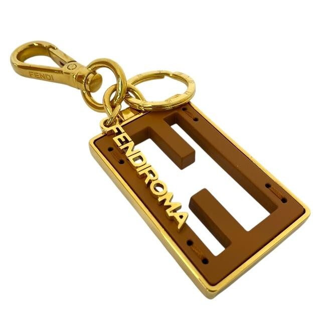 FENDI Baguette Charm Key Holder Bag Charm Leather Brown Gold With Box Authentic
