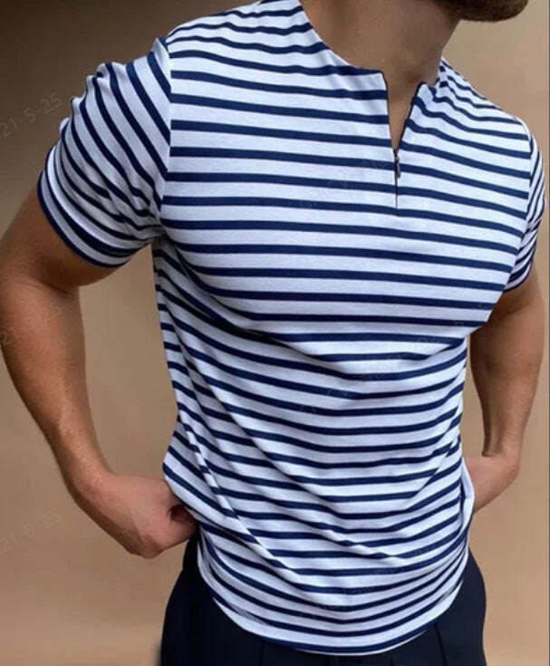 Summer V-neck Striped Cotton Casual Men's T-shirt Men Casual T-shirt