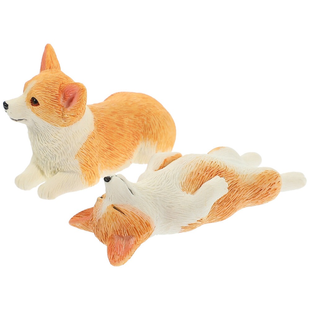 2 Pcs Corgi Dog Statue Animal Resin Ornaments Toy Gift Model