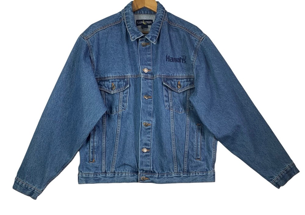 Lunar Pier Jeans Jacket Size L Men Blue Denim  100% Cotton Logo Harrahs Casino