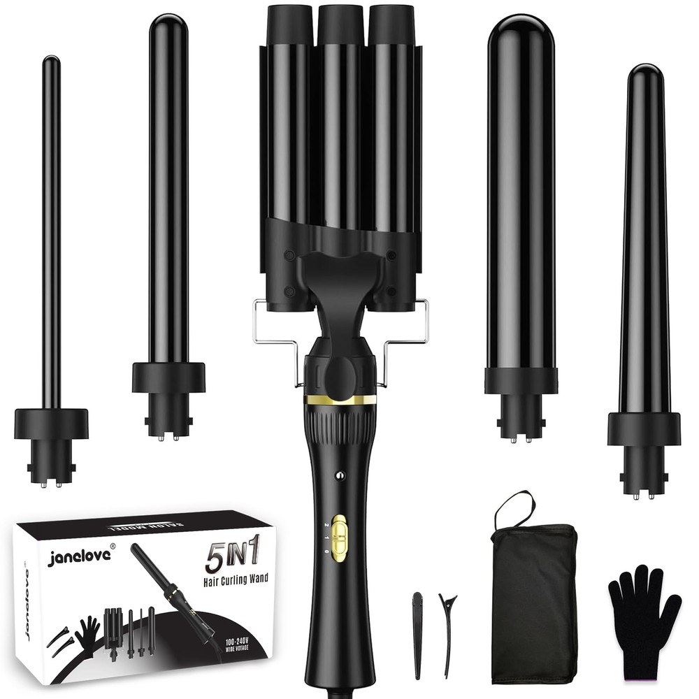 5 in 1 Wand Curling Iron, Hair Curling Wand Set with 3 Barrel Hair Crimper an...