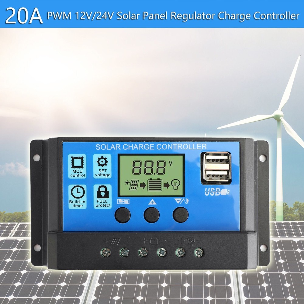 Solar Panel 20A Controller PWM LCD Dual USB Battery Regulator Charge 12V/24V