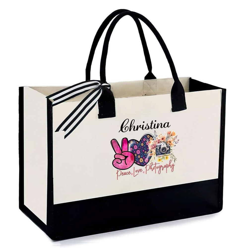 Personalized Peace Love Photo Canvas Tote Bag #4707-image