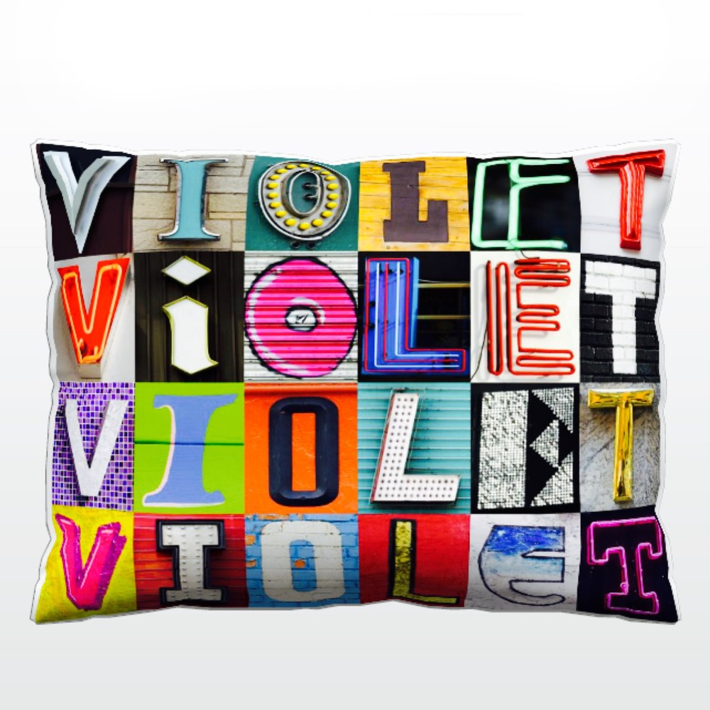 Personalized Pillow featuring the name VIOLET in photos of actual sign letters