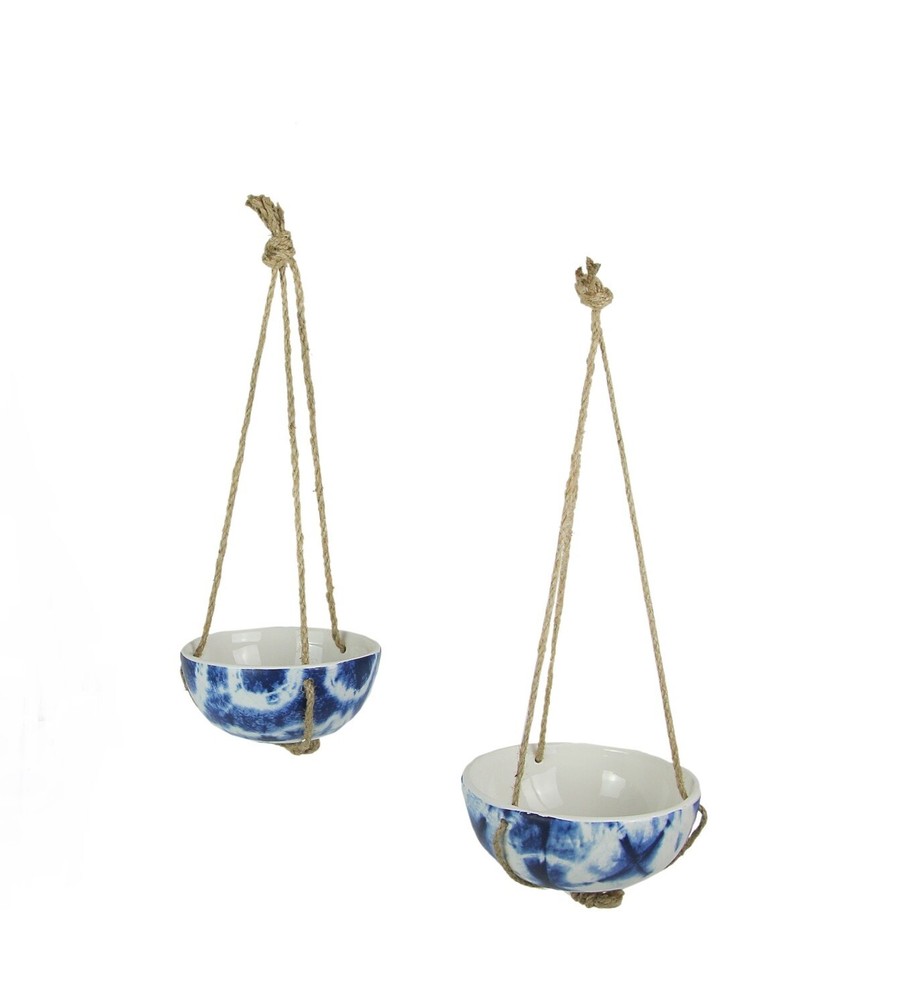 Set of 2 Blue and White Shibori Style Dyed Ceramic Hanging Mini Planters