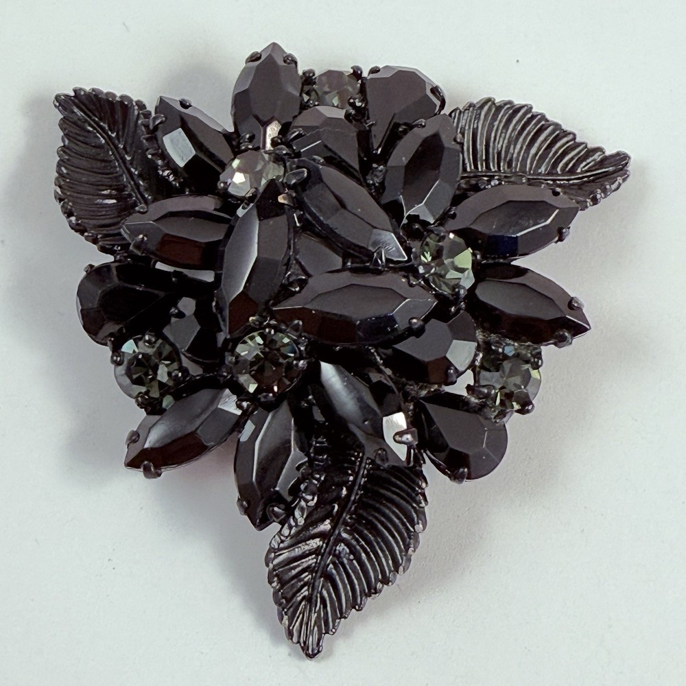 Vintage WEISS Smokey Grey Black Rhinestone Flower Mourning Brooch Pin